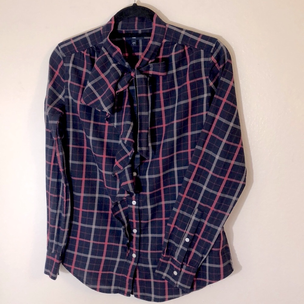 GAP plaid button down ruffle bow blouse blue pink